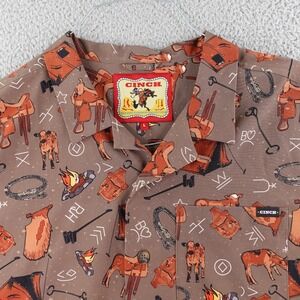 Cinch Cow Camp Shirt L Brown Western Ranch Graphic Loop Collar Rodeo